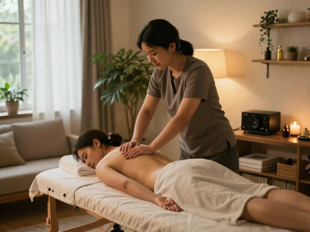 Enjoying 출장안마 in a serene home environment with calming lighting and soothing massage.