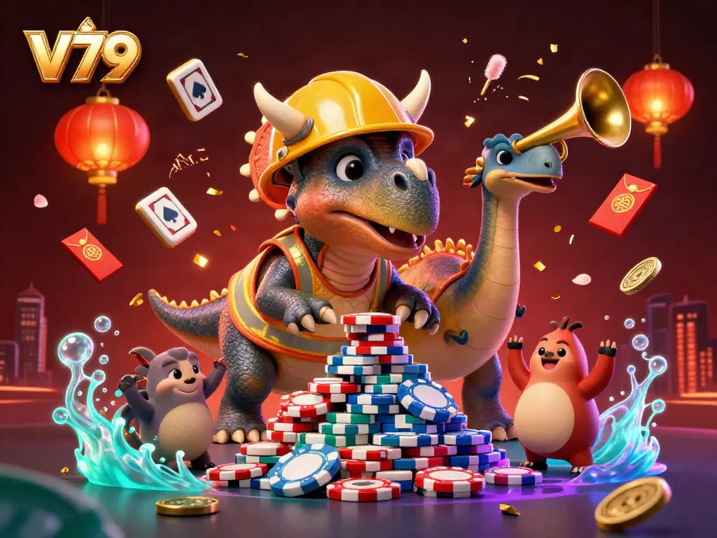 Experience V79's thrilling gaming adventure with cartoon characters celebrating around casino elements.