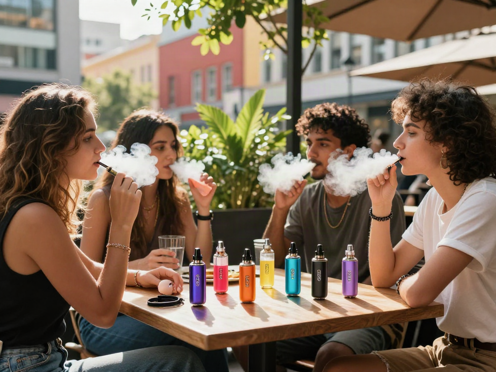 Friends enjoying a sunny day at a café with raz vape products, capturing a vibrant urban lifestyle.