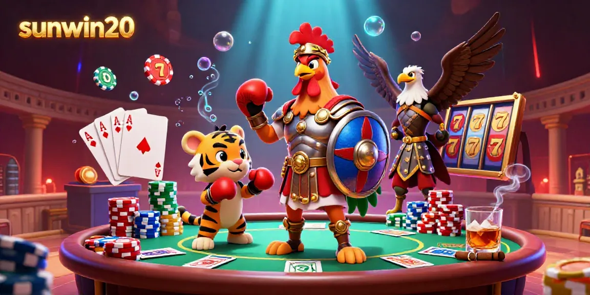 Play and win at sunwin20 with a vibrant 3D casino scene showcasing intense poker action and dynamic characters.