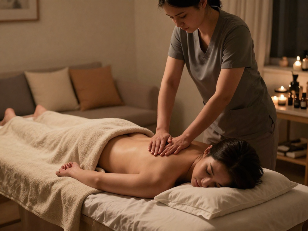 출장마사지 treatment in a cozy home setting with a calm atmosphere.