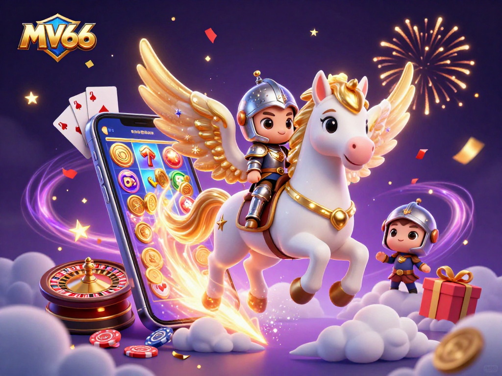 MV66 captivates with thrilling gameplay as a knight rides a celestial horse amidst casino excitement.