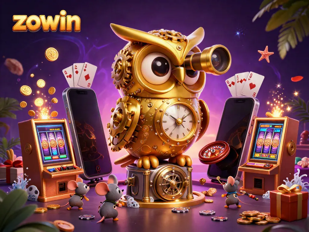Zowin offers an exciting 3D casino experience with a golden owl and vibrant game elements creating an engaging scene.