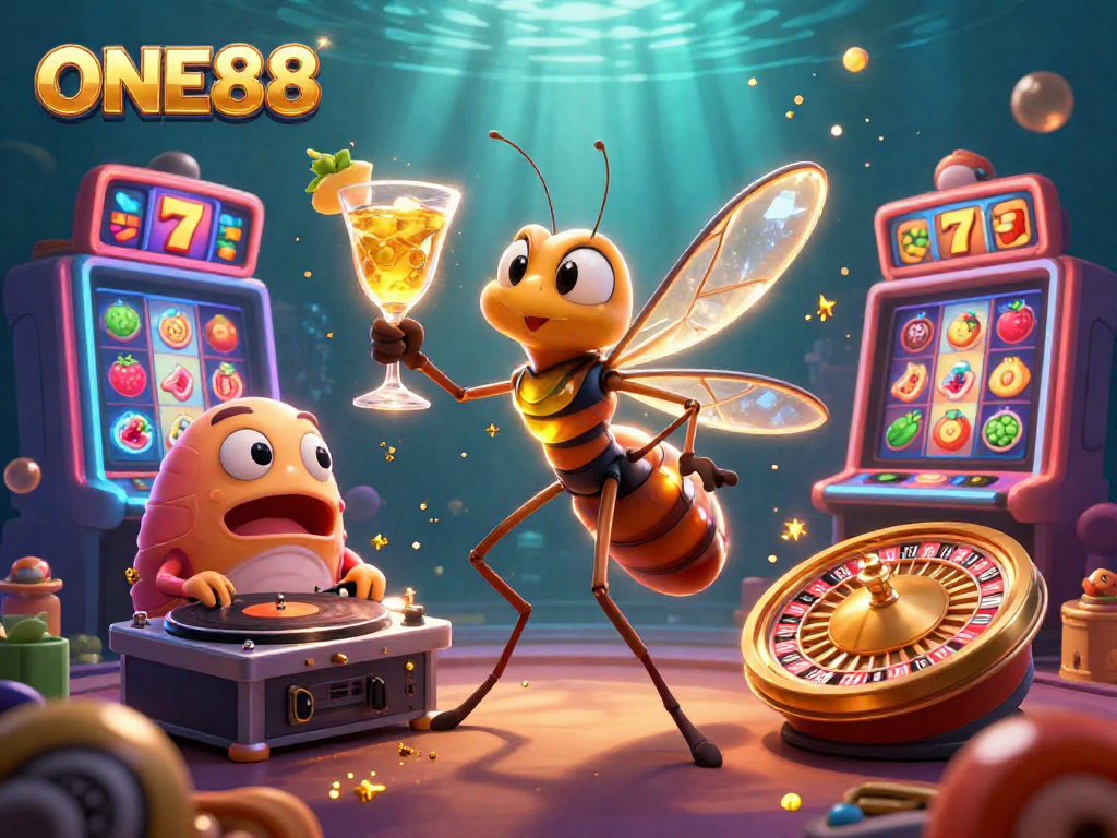 Experience ONE88 with vibrant slot machines and unique characters in a dynamic casino scene.