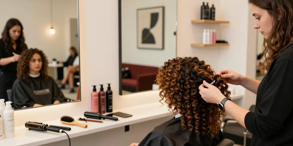 Applying curly hair extensions in a chic salon, showcasing transformation and beauty.
