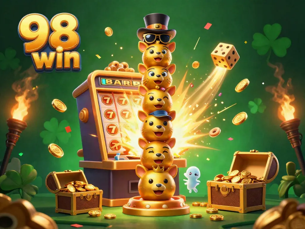 Experience thrilling gaming action with 98 win featuring a vibrant 3D casino scene of totem poles, slot machines, and dice.