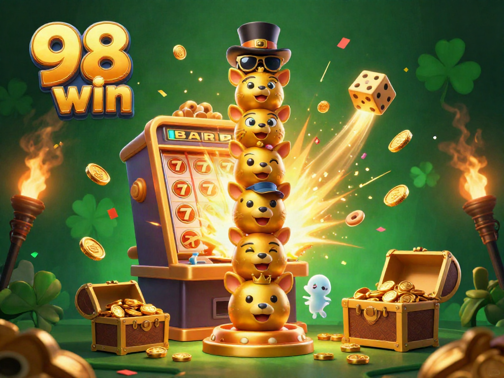 Experience thrilling gaming action with 98 win featuring a vibrant 3D casino scene of totem poles, slot machines, and dice.