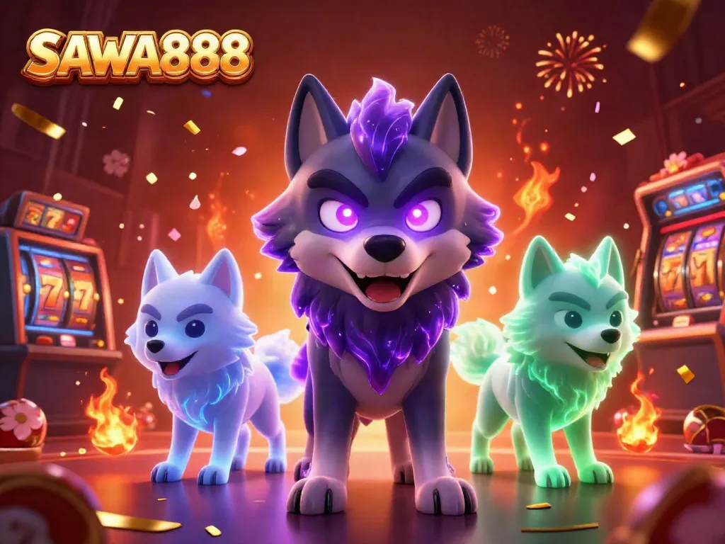 Engage with exciting slots action at SAWA888 with dynamic 3D wolves and gold elements.