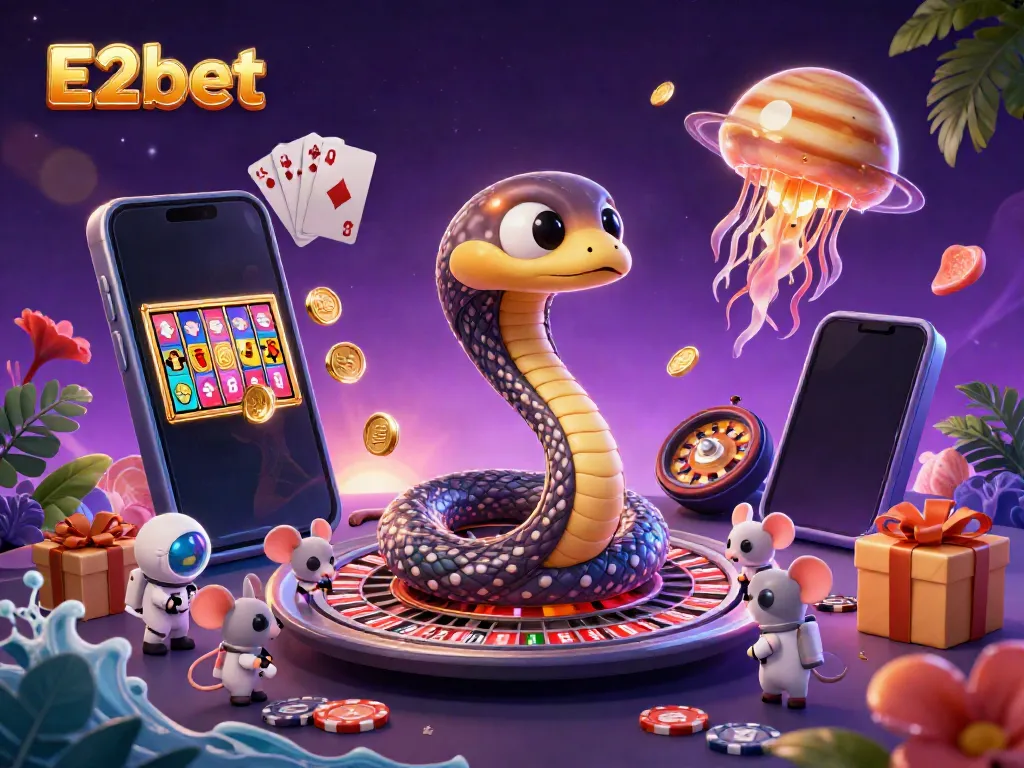 Experience E2bet with astronauts engaging in cosmic betting under a vibrant, colorful casino scene.
