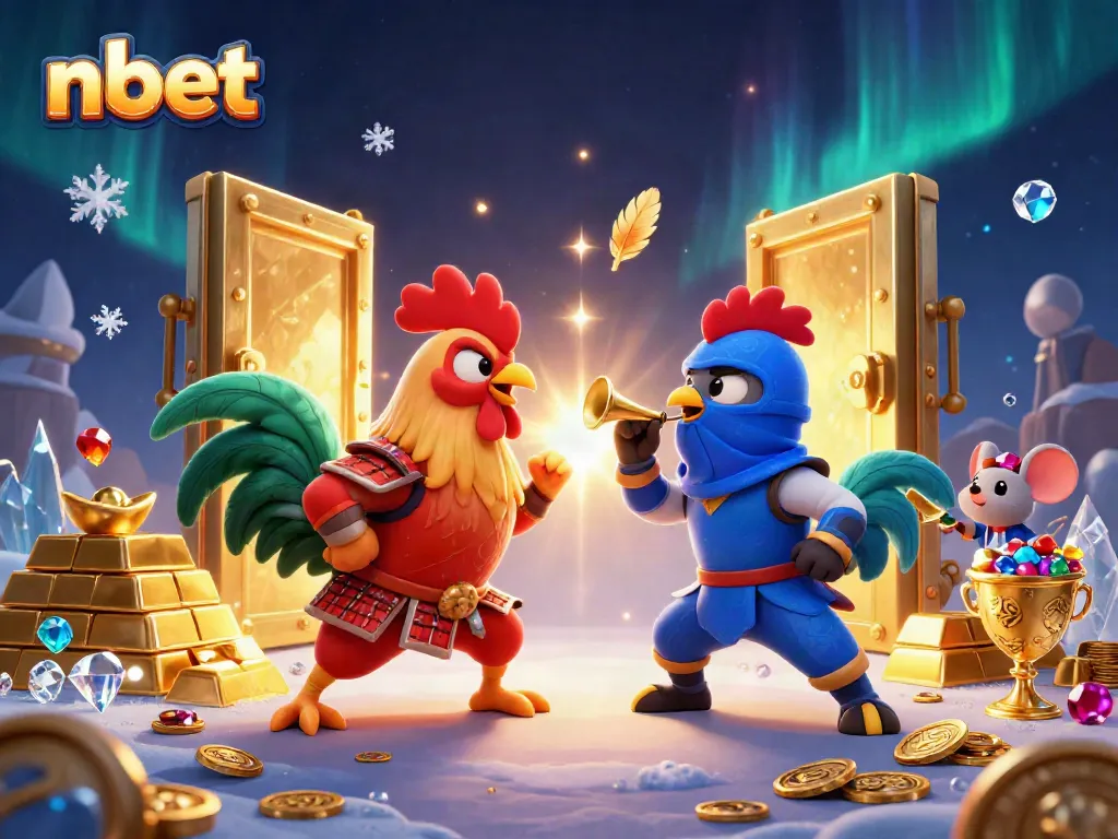 Experience the excitement of nbet with twin fighting roosters in a dramatic standoff, surrounded by treasure.
