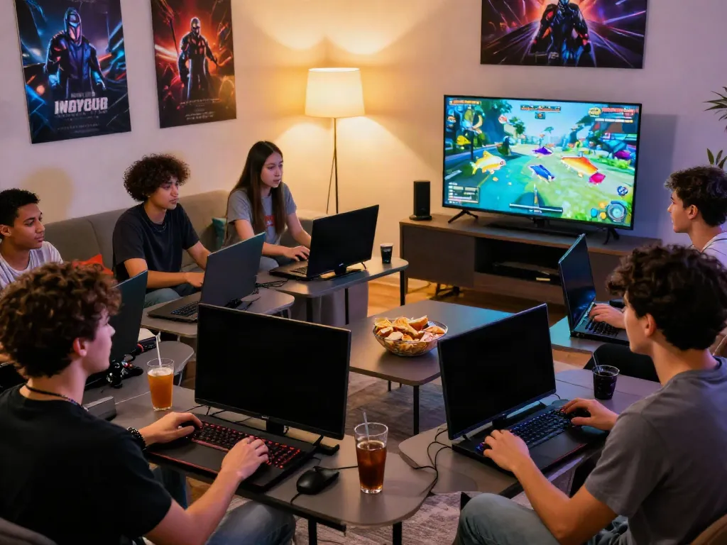 Friends enjoying a gaming session on TX88 with vibrant graphics and snacks.