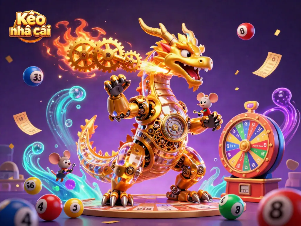 Experience thrilling gaming dynamics with Kèo nhà cái featuring a golden dragon and colorful lottery elements.