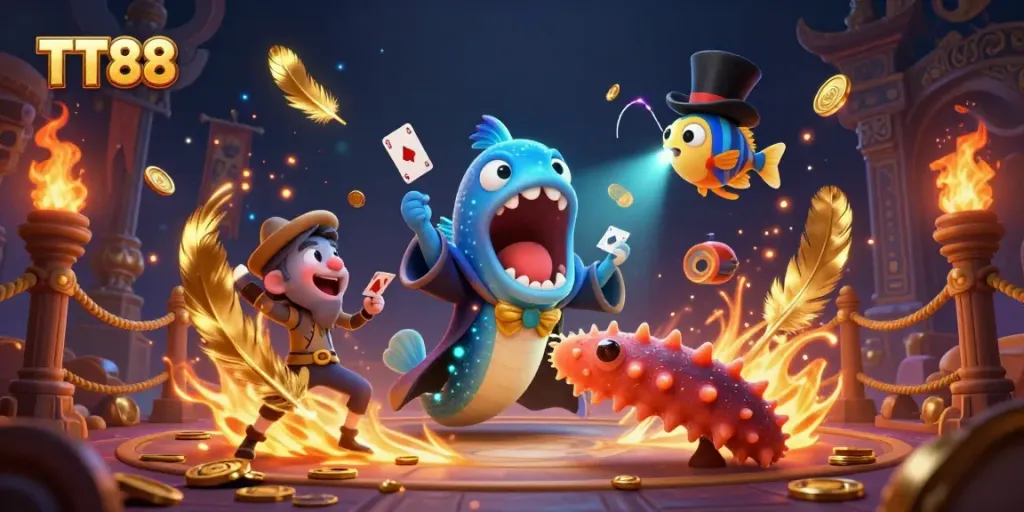 Experience vibrant casino magic with TT88, featuring a bioluminescent eel performing card tricks.