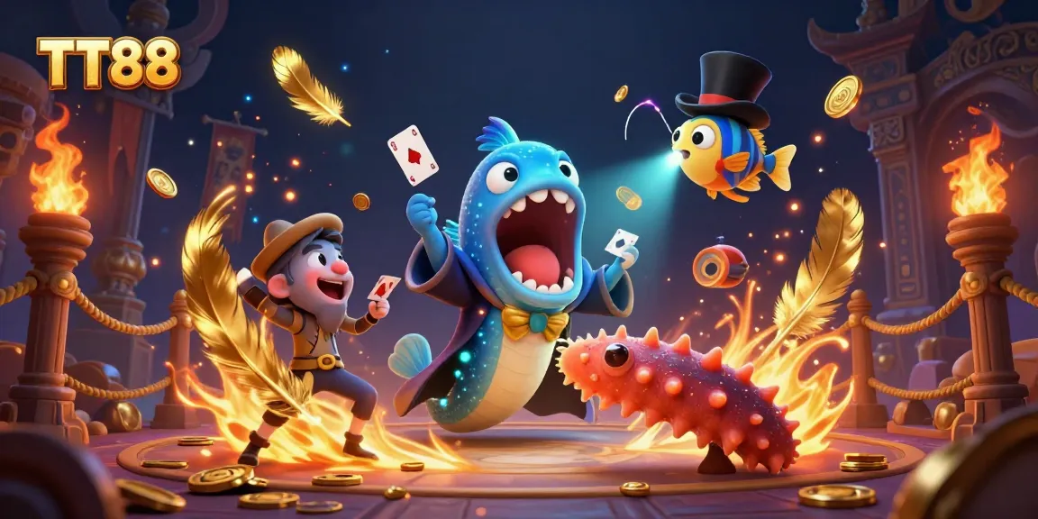 Experience vibrant casino magic with TT88, featuring a bioluminescent eel performing card tricks.