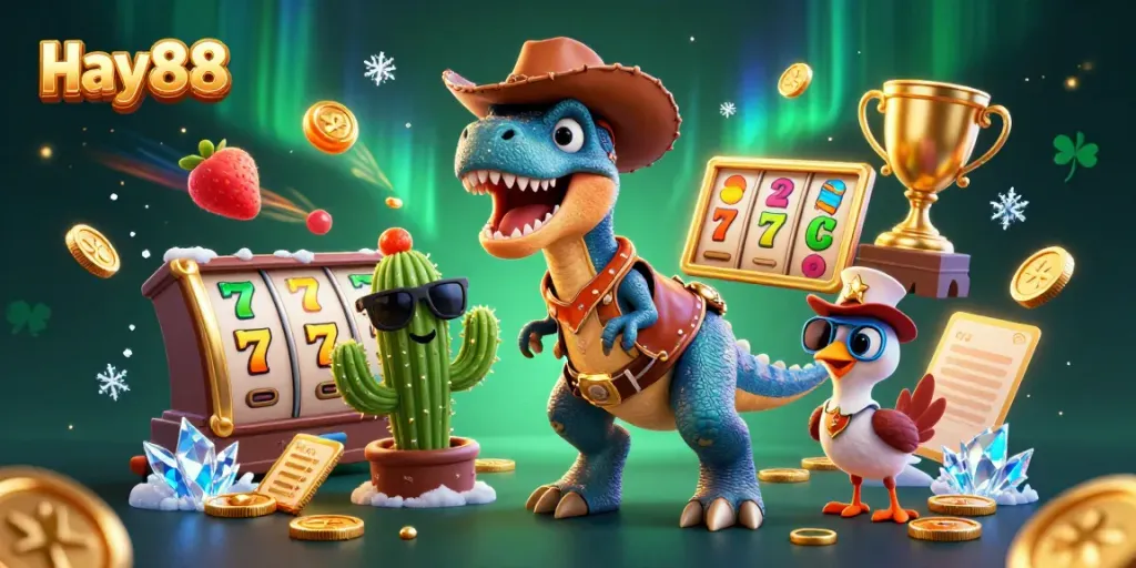 Experience the excitement of hay88 with a cartoon T-Rex in a casino-themed showdown.