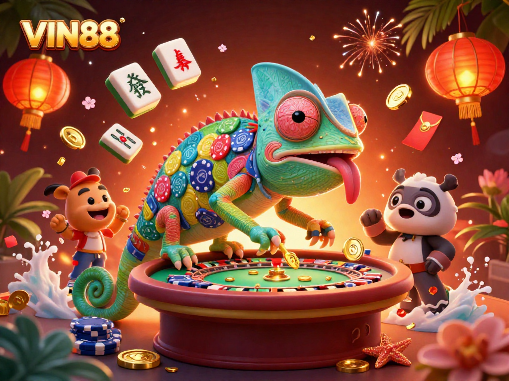 Engage in vibrant casino action with VIN88's 3D chameleon owner and festive game elements.