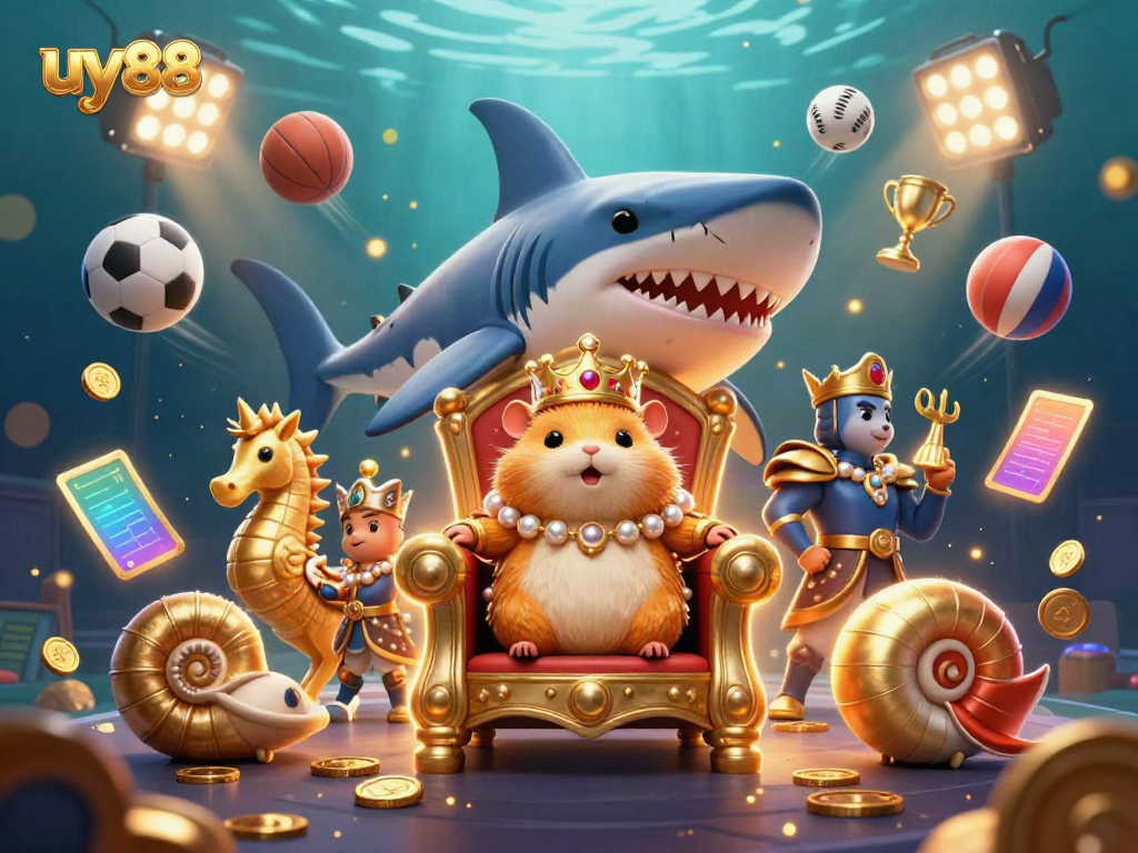 Engage with uy88: A captivating illustration featuring a hamster king amidst vibrant casino elements.
