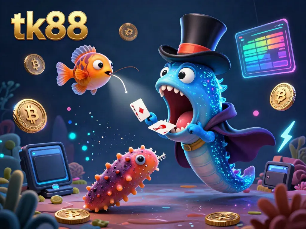 Engage with tk88's dynamic 3D casino magic featuring whimsical aquatic characters and cryptocurrency elements.