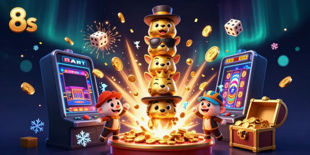 Experience exhilarating 8s casino action with vibrant illustrations featuring joyful animal totem creations amidst a jackpot explosion.