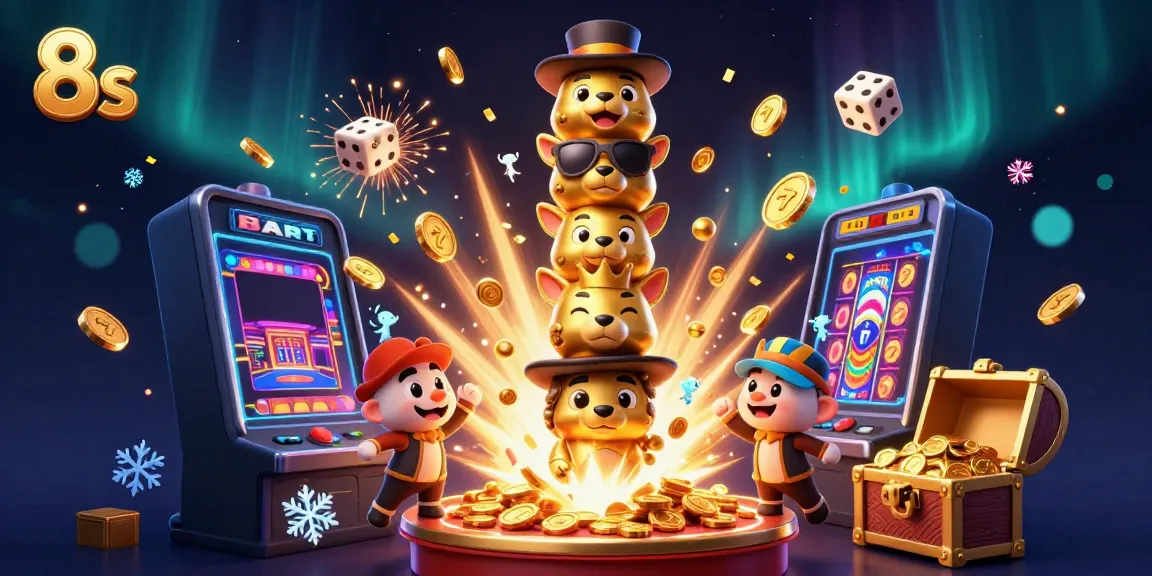 Experience exhilarating 8s casino action with vibrant illustrations featuring joyful animal totem creations amidst a jackpot explosion.