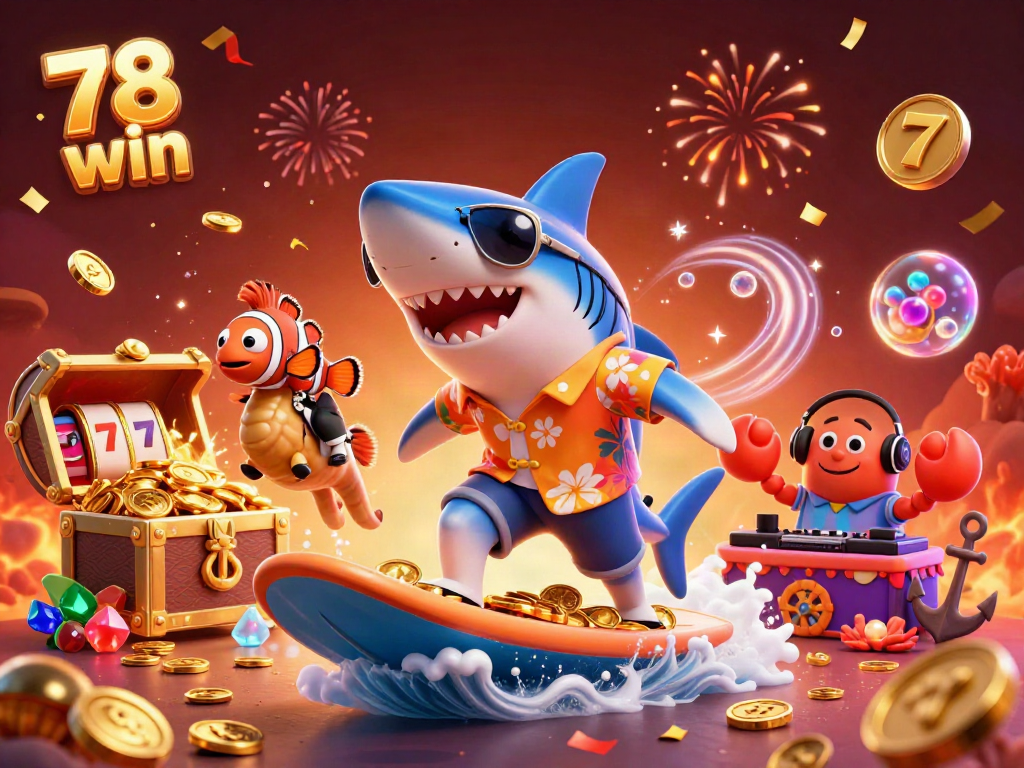 Experience thrilling fun with 78 win as cartoon characters celebrate amidst gold coins and casino elements.
