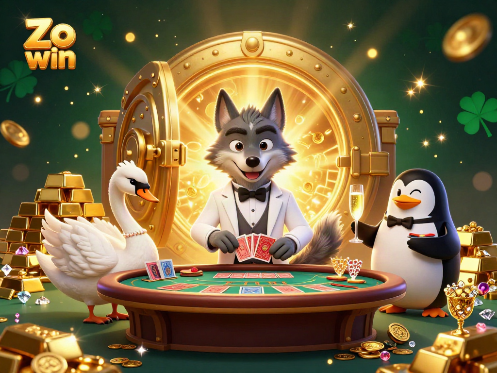 Experience thrilling gameplay at Zo win, where a debonair wolf and elegant swan deal cards amid stacks of treasures.