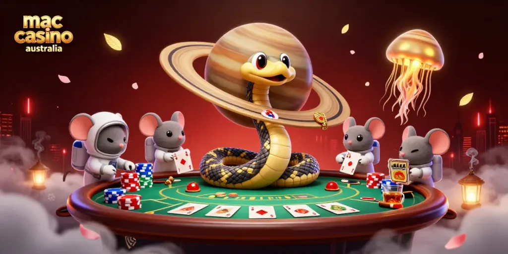 Experience the excitement of mac casino australia with astronaut mice betting on a cosmic roulette wheel.