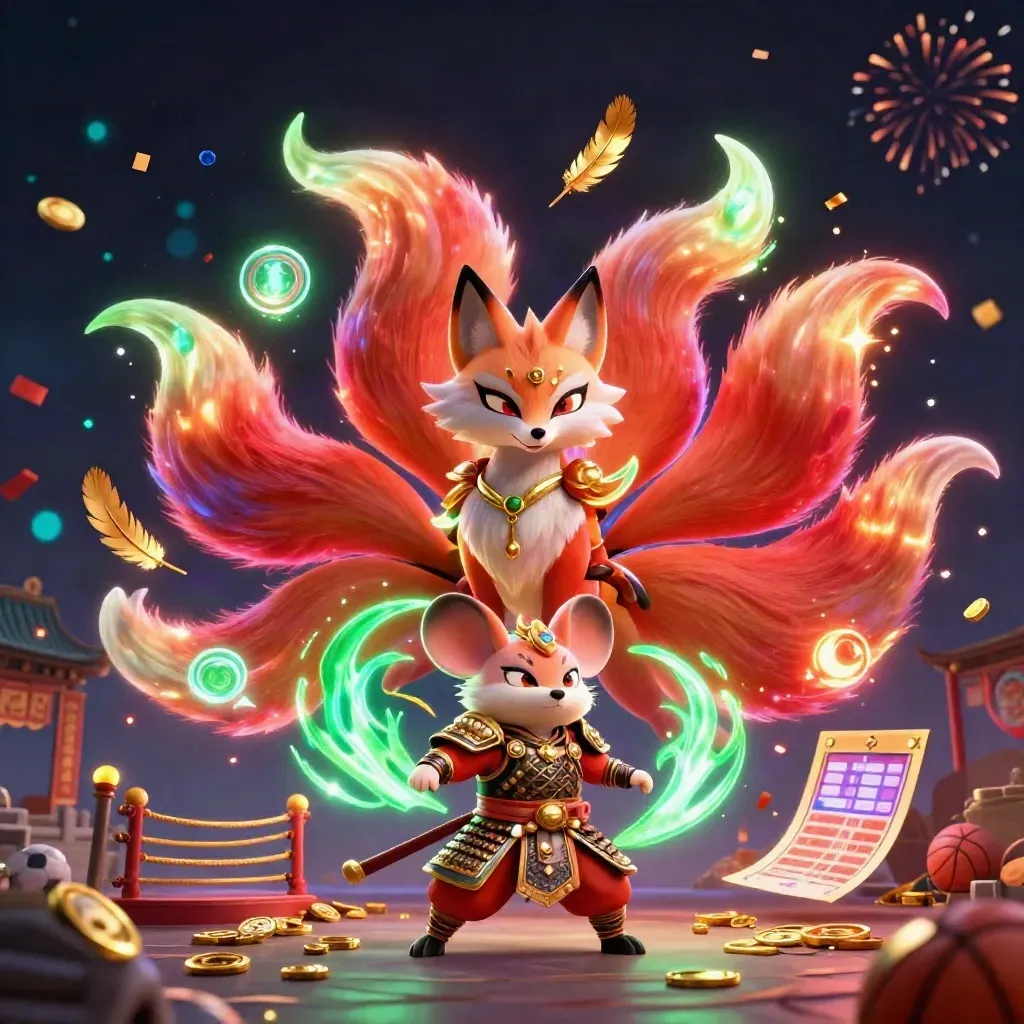 Nine-tailed fox spirit and armored mouse amid casino energy, coins, banners, fireworks, and neon magic.