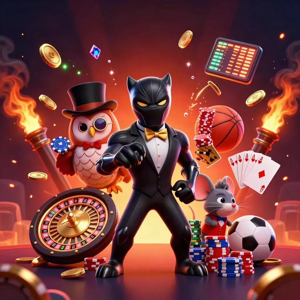 Panther, owl, and mouse in casino gear amid coins, cards, chips, sports props, and neon sparks.