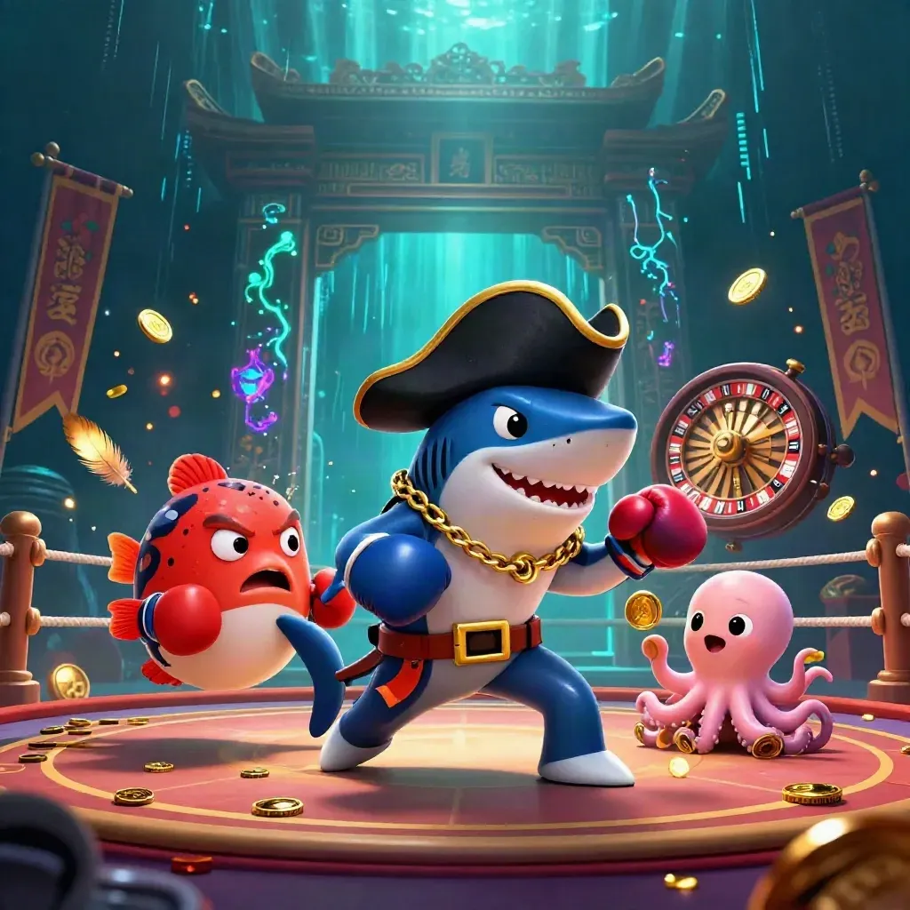 Pirate shark, pufferfish, and baby octopus in a neon underwater casino scene