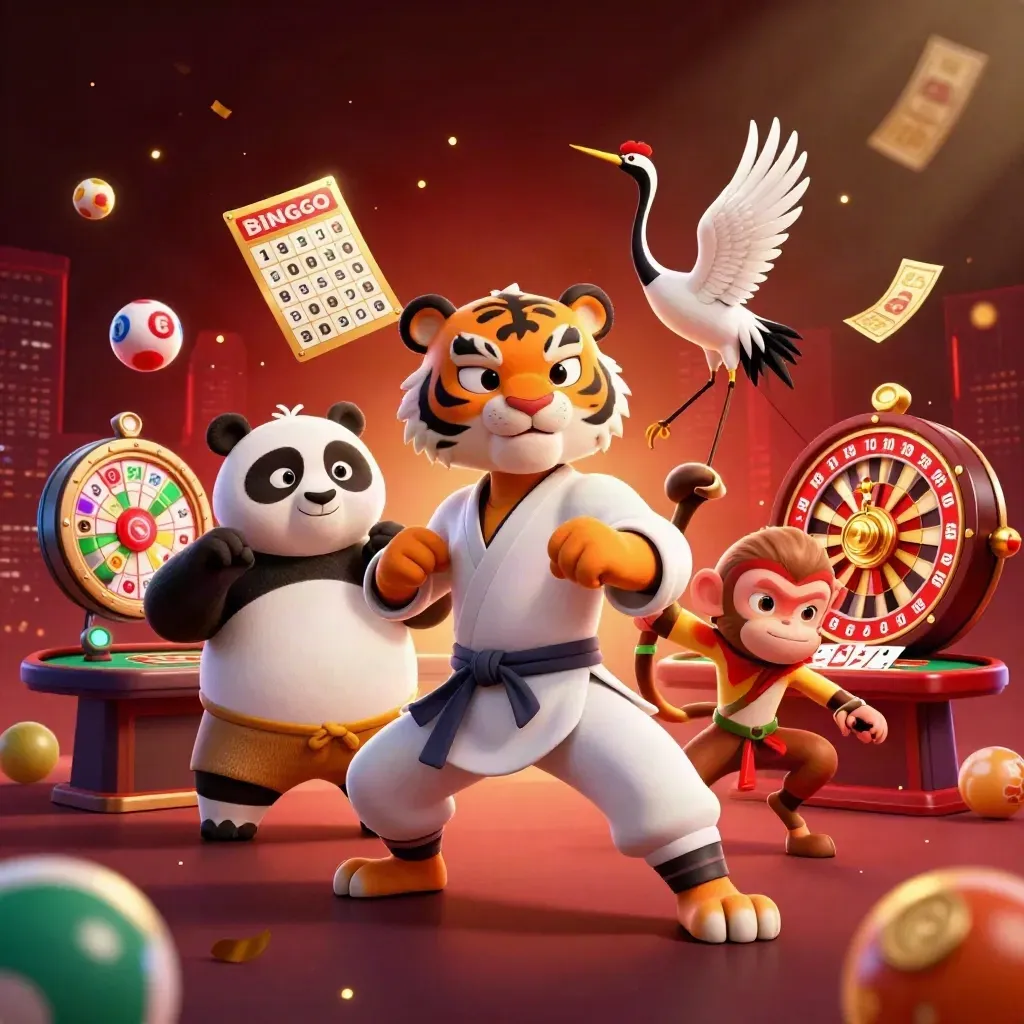 Kung-fu tiger, panda, and monkey amid casino lights, lottery balls, cards, and gold sparkle.