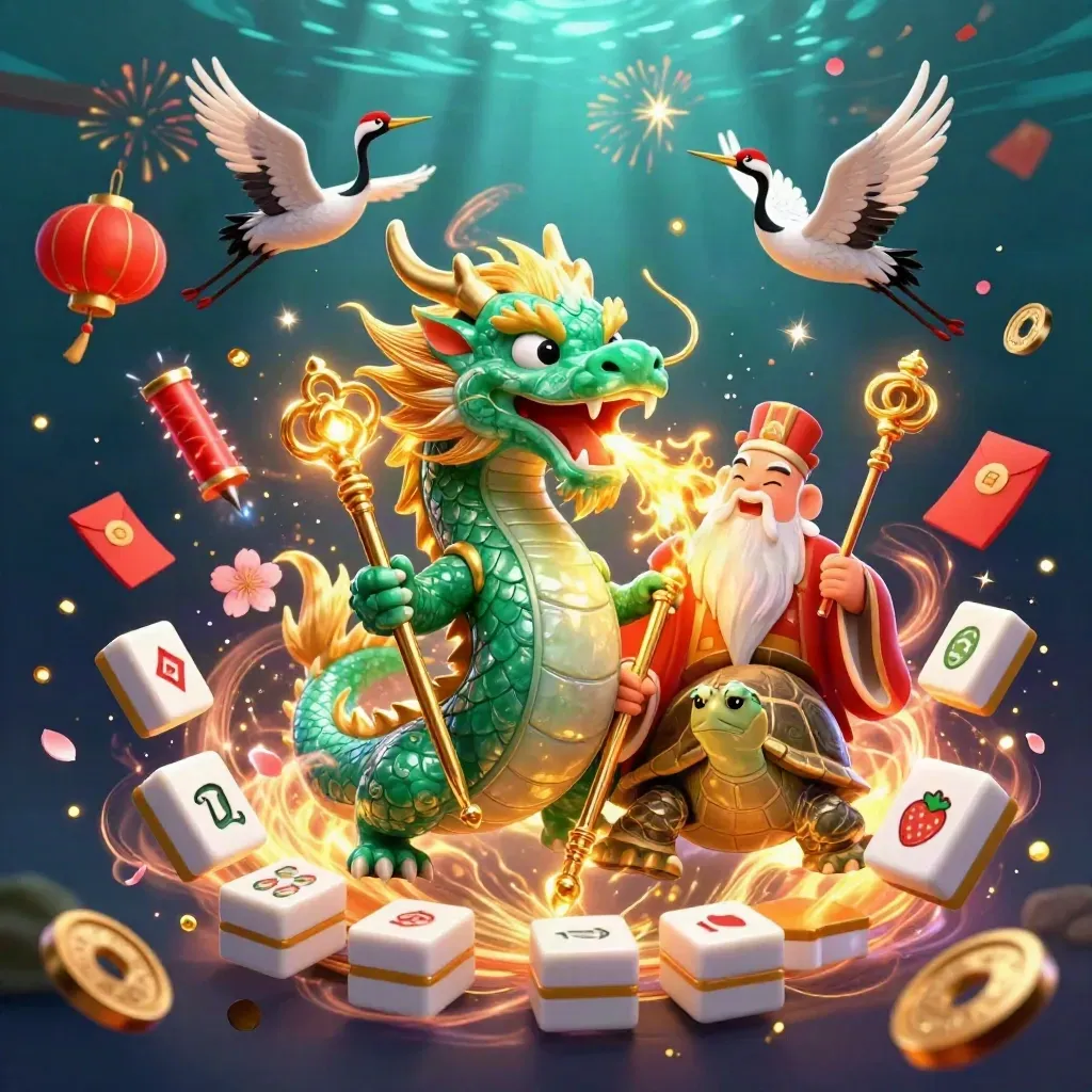 Emerald dragon, turtle sage, and red-ribbon cranes burst through jade coins and fire on dark teal water