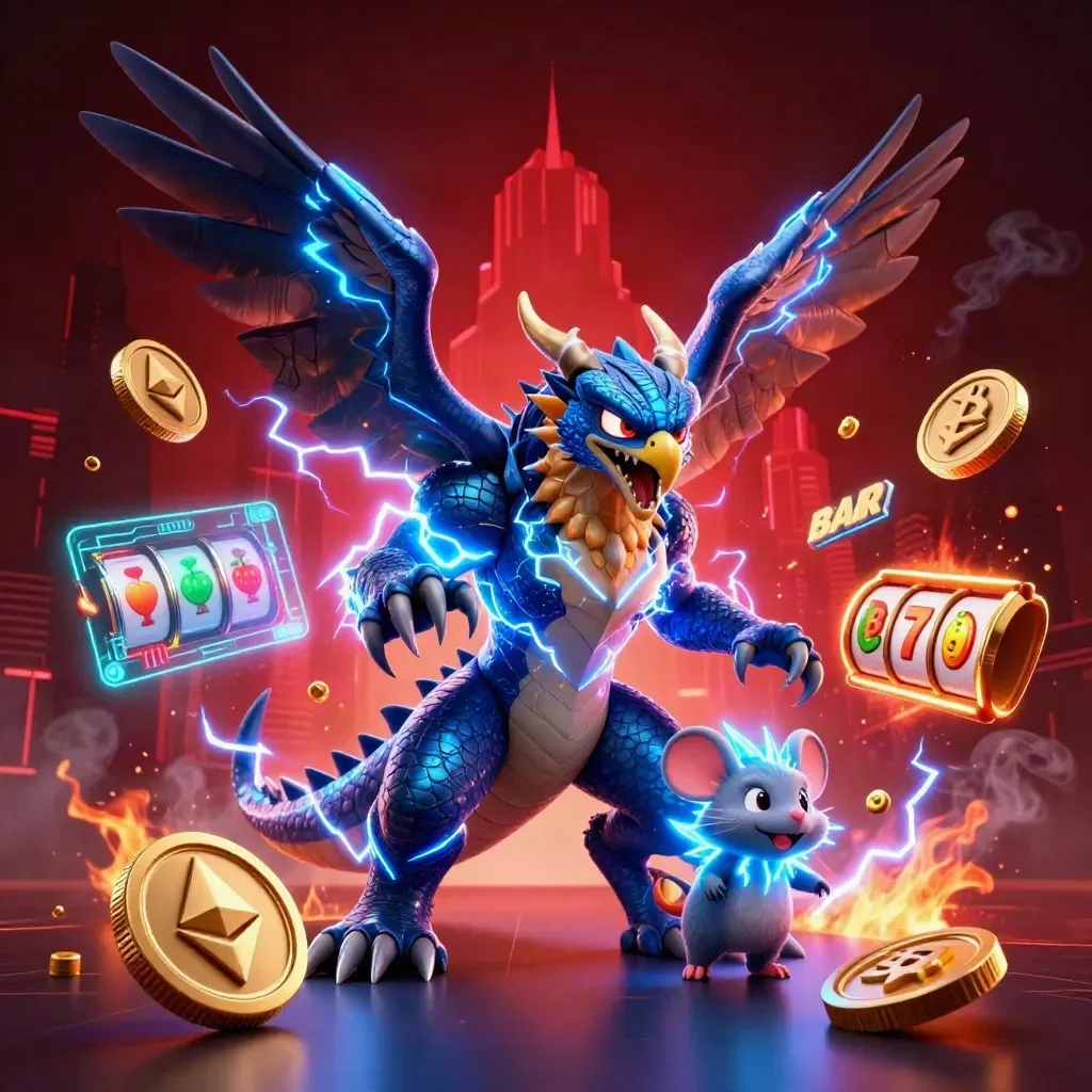 Thunder dragon, wind hawk, and crackling mouse amid coins, reels, and neon casino energy.