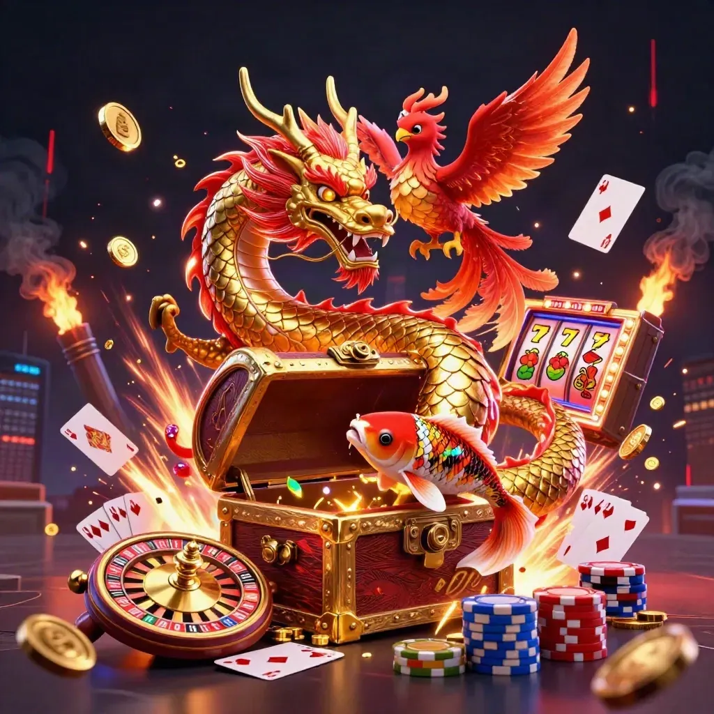 Golden dragon, baby phoenix and koi burst with treasure, chips, cards and red casino light.