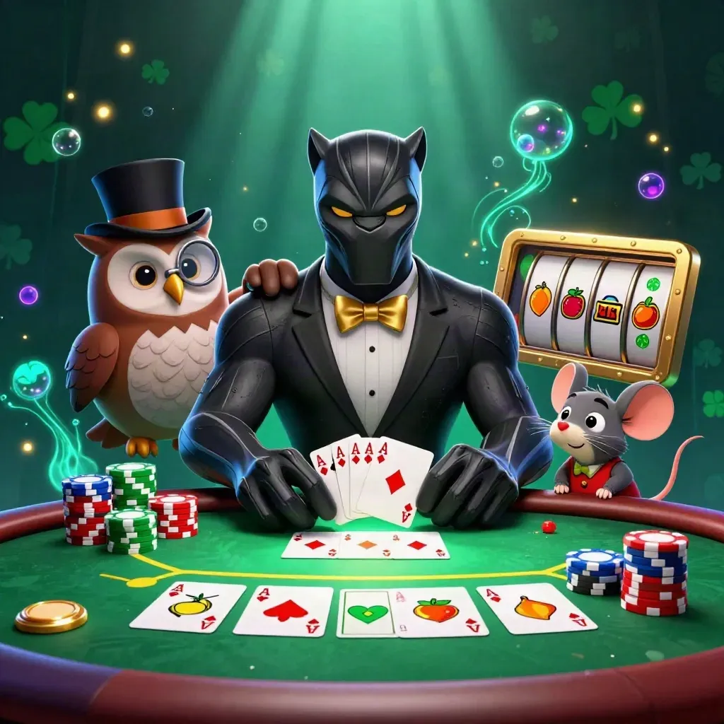 Panther, owl and mouse in tuxedo at glowing poker table with chips, reels and neon casino effects.