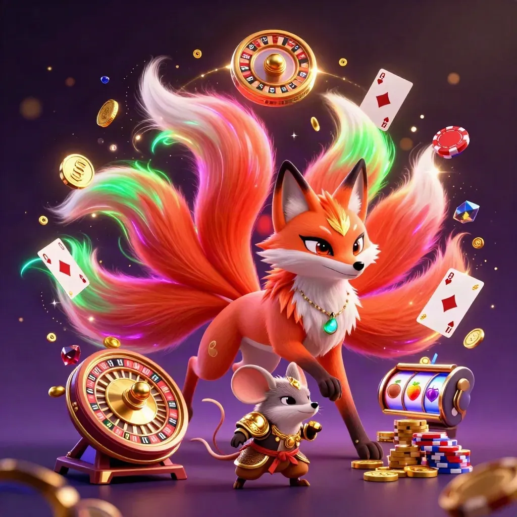 Neon fox spirit and armored mouse amid casino coins, cards, chips, and roulette wheel.