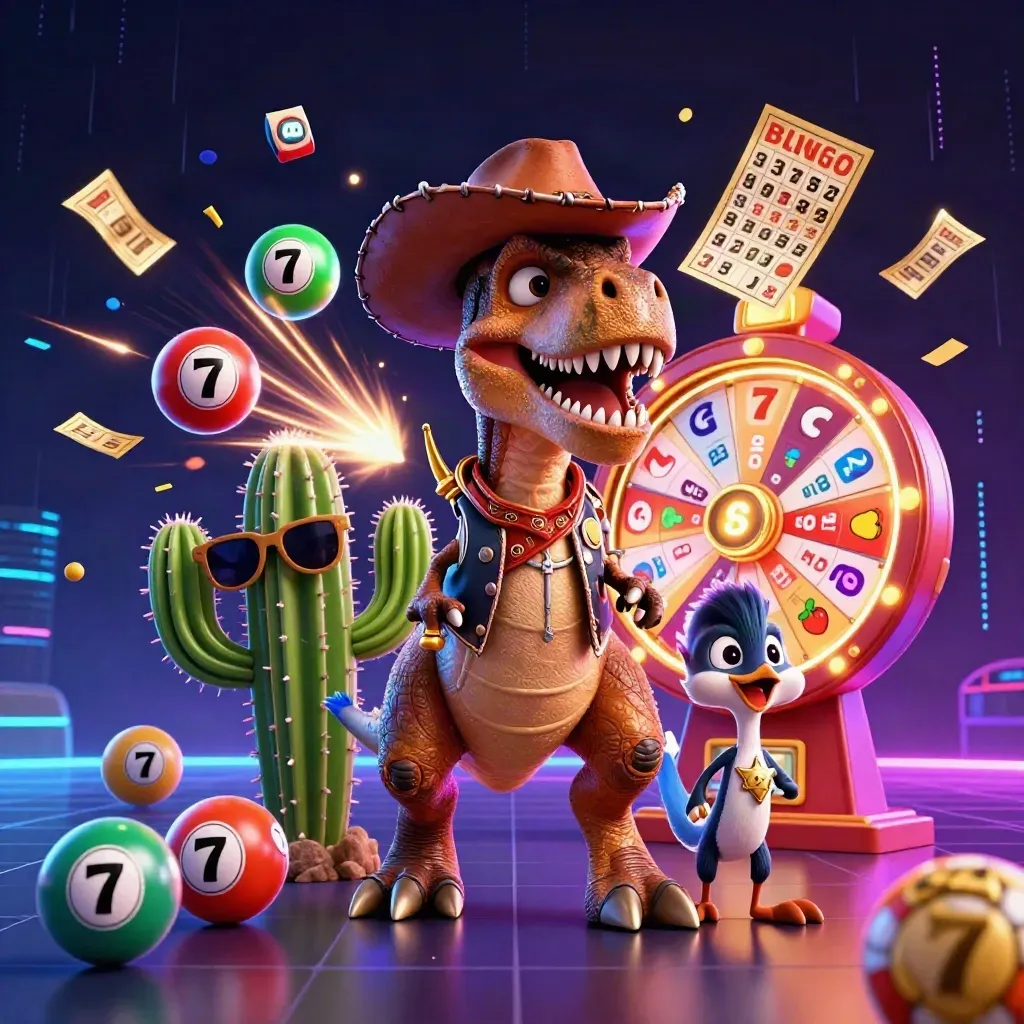 Cowboy T-Rex, cactus sidekick, and roadrunner amid casino game bursts on a neon dark backdrop.