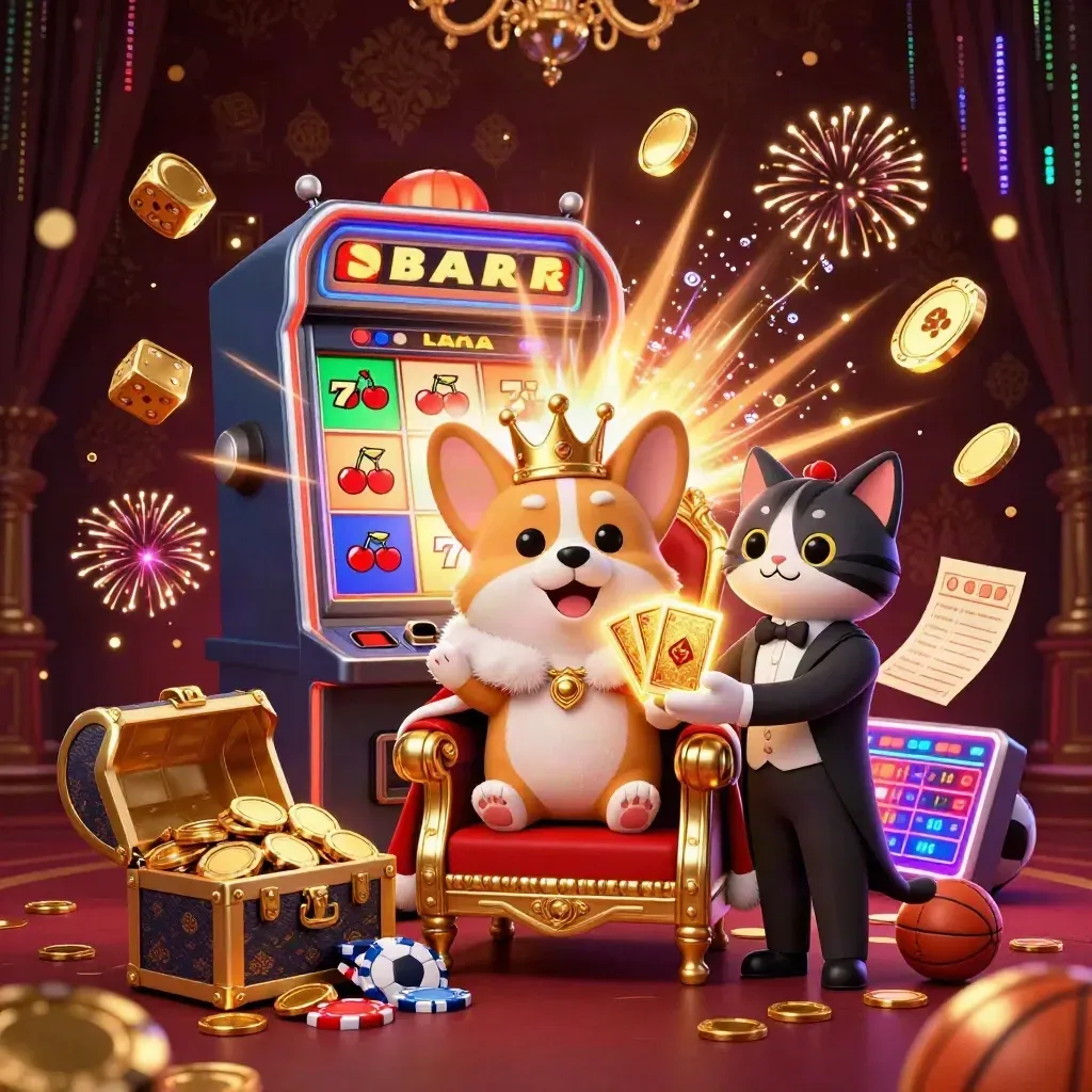 Royal corgi and cat butler amid slot burst, coins, dice, chest, and sports icons in neon casino glow.