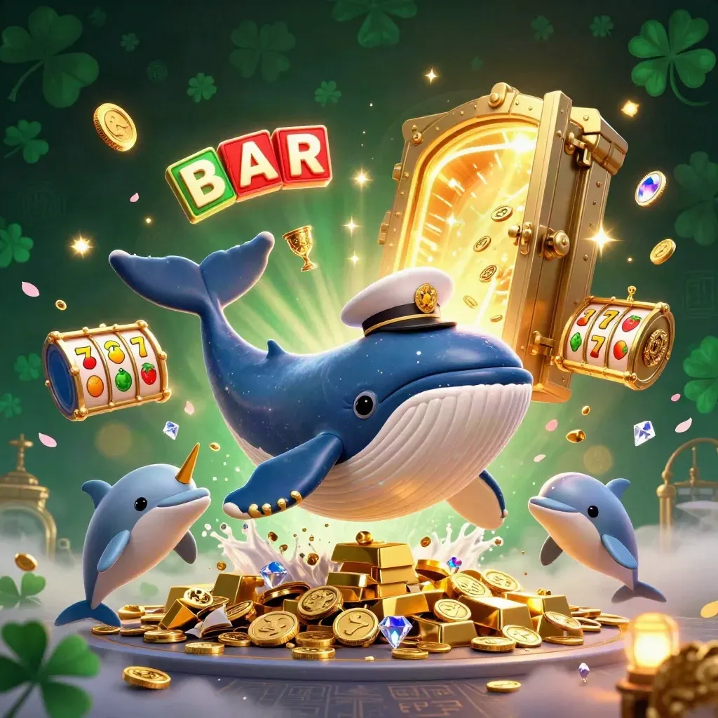 Whale captain breaches coins with narwhal, dolphins, treasure, and glowing casino loot.