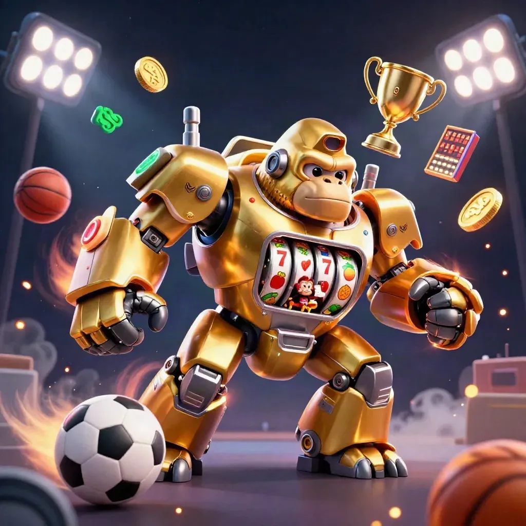 Golden gorilla mech with monkey pilot, sports balls, coins, floodlights, and fiery casino energy