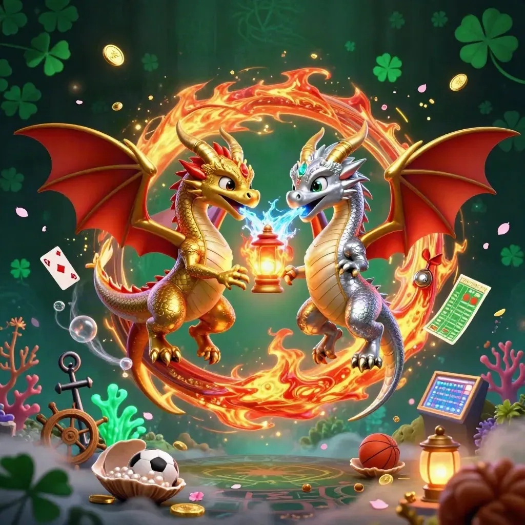 Twin gold and silver dragons swirl with treasure, coral, and casino symbols in a neon cove.
