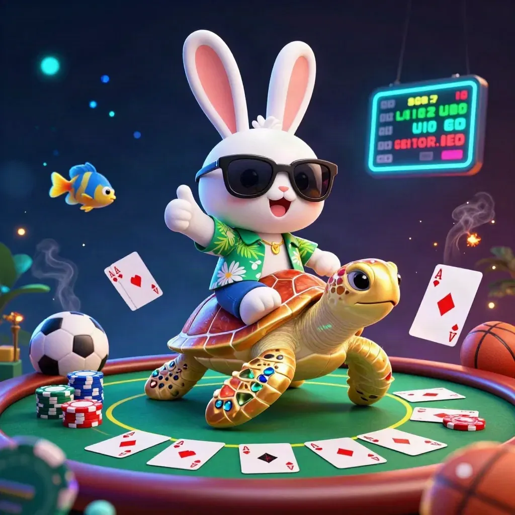 Lucky rabbit rides a golden sea turtle amid chips, cards, and neon casino sparks.