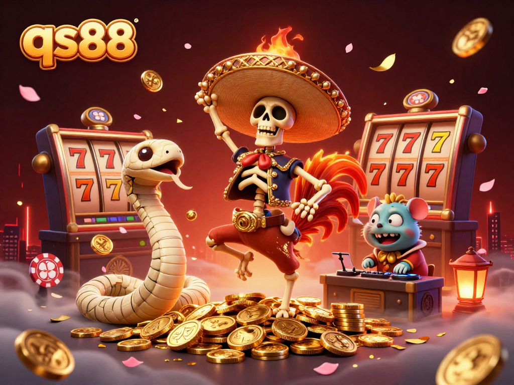 Experience the thrill of qs88 as a skeleton mariachi rooster dances on golden coins amidst vibrant slot machine elements.