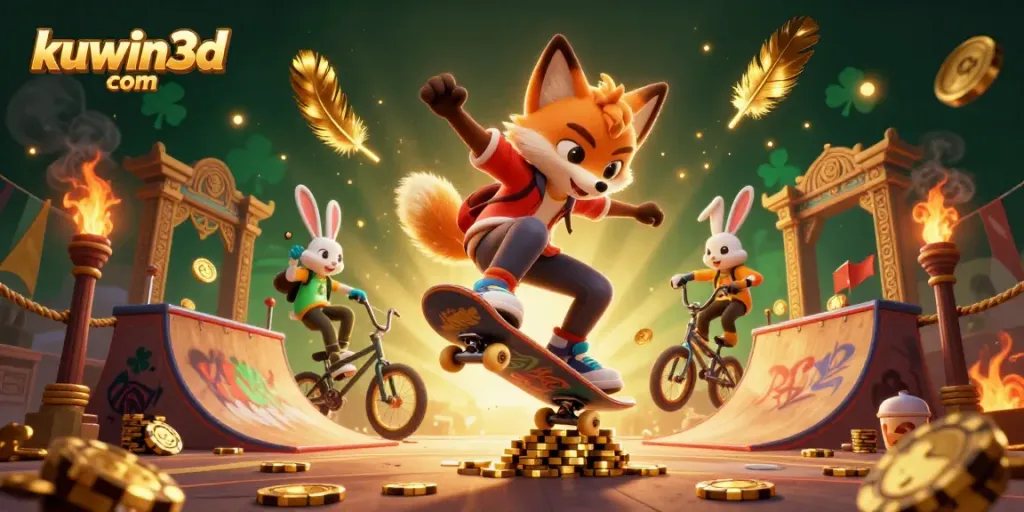 Experience winning thrills at kuwin3d com with a vibrant 3D illustration featuring energetic animal characters and casino elements.