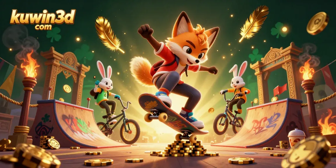 Experience winning thrills at kuwin3d com with a vibrant 3D illustration featuring energetic animal characters and casino elements.