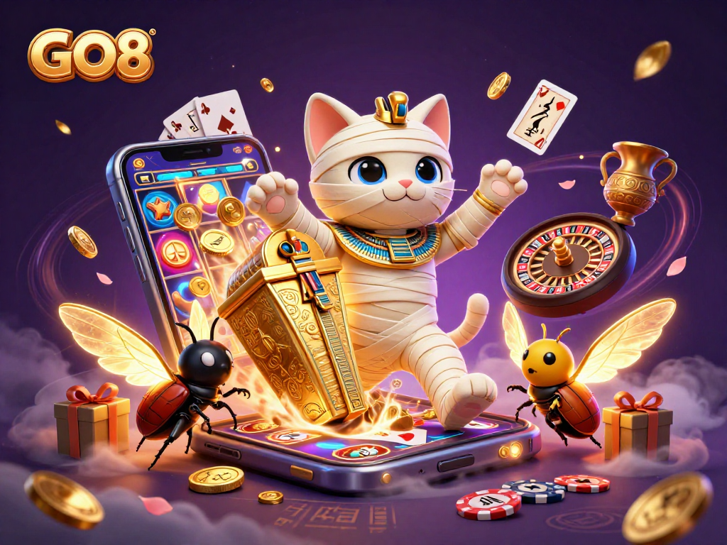 Win big at GO8 casino with a 3D mummy cat and scarab beetle in an ancient pyramid!