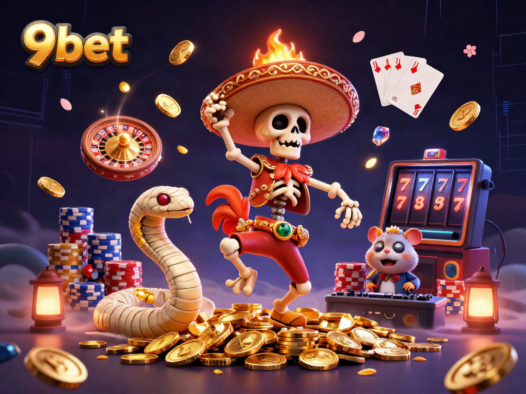 Experience wins with 9bet's vibrant casino scene featuring festive characters among golden coins.