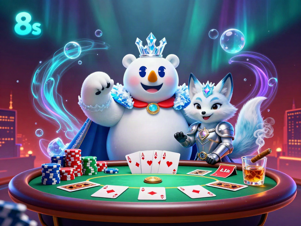 Engage in thrilling poker action with 8s, featuring a polar bear king and armored fox illuminating the game.