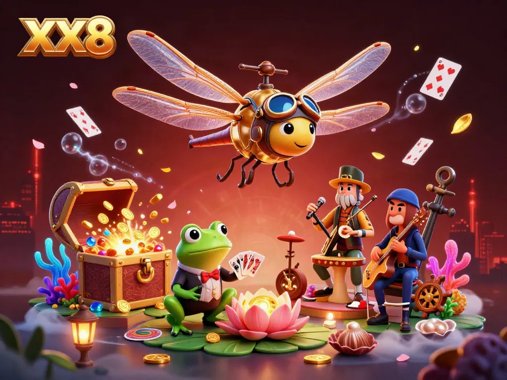 Experience excitement at the XX8 casino with a dynamic dragonfly pilot and a frog croupier surrounded by vibrant elements.
