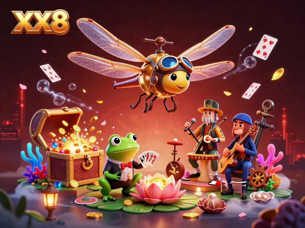 Experience excitement at the XX8 casino with a dynamic dragonfly pilot and a frog croupier surrounded by vibrant elements.